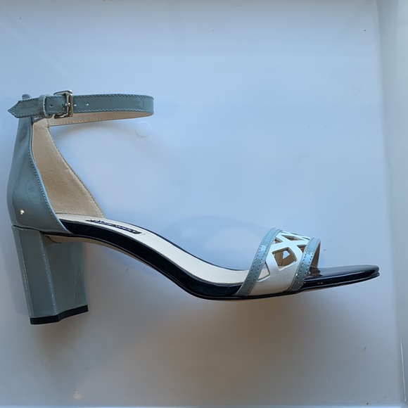 Nine West Paisley Open Toe Blue Patent Leather Block Heel Sandals - Picture 8 of 16